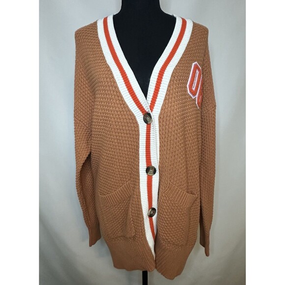 AERIE Oversized Varsity Letterman‎ Boyfriend Button Up Cardigan Orange XS NWT - Picture 1 of 11